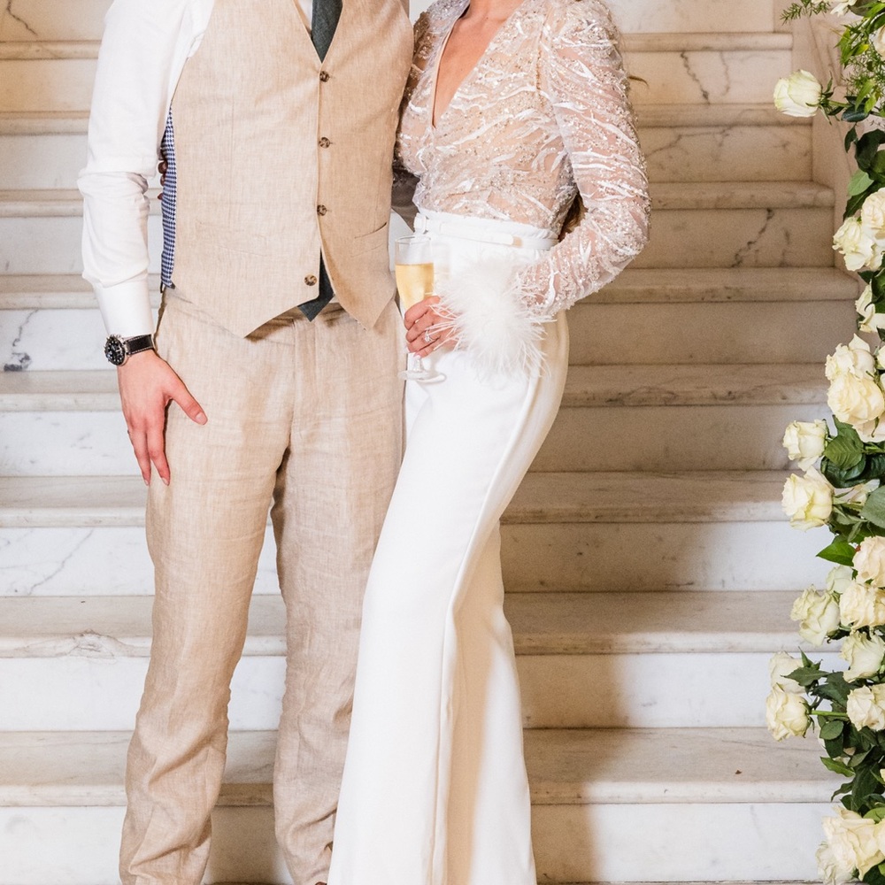 NADINE MERABI Elegant White Feather Jumpsuit